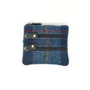 Harris Tweed Leather Coin Purse – Authentic Scottish Zip Wallet - Heritage Of Scotland - NAVY & RED CHECK / BLACK