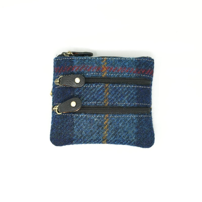Harris Tweed Leather Coin Purse – Authentic Scottish Zip Wallet - Heritage Of Scotland - NAVY & RED CHECK / BLACK