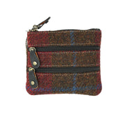 Harris Tweed Leather Coin Purse – Authentic Scottish Zip Wallet - Heritage Of Scotland - RED CHECK A / BLACK