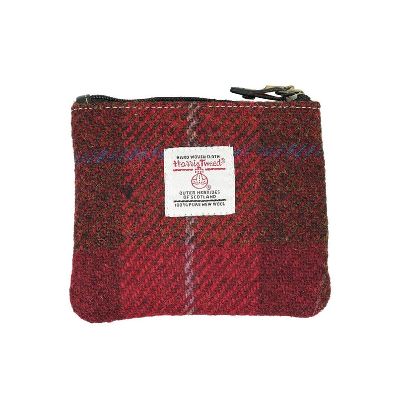 Harris Tweed Leather Coin Purse – Authentic Scottish Zip Wallet - Heritage Of Scotland - RED CHECK A / BLACK