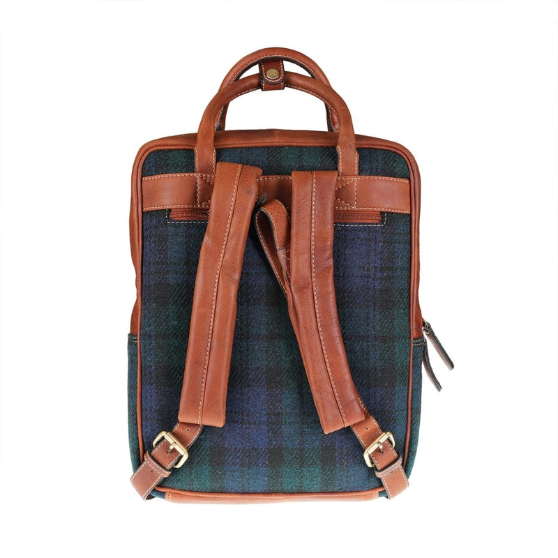 Harris Tweed & Leather Large Backpack - BLACK WATCH / TAN - Heritage Of Scotland -