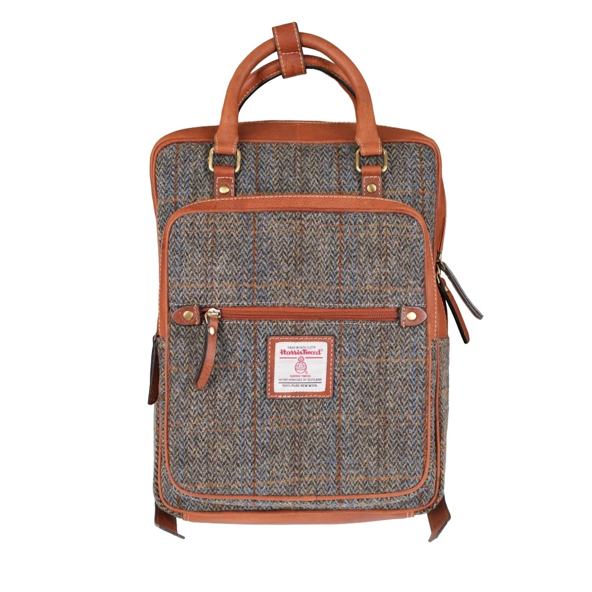 Harris Tweed & Leather Large Backpack - BLUE & BROWN CHECK HB / TAN - Heritage Of Scotland -