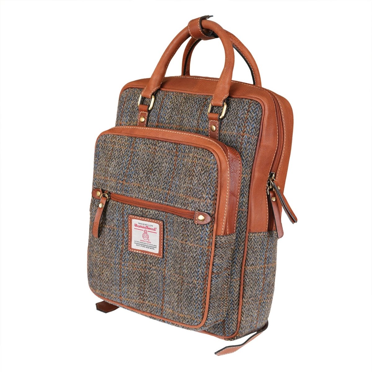 Harris Tweed & Leather Large Backpack - BLUE & BROWN CHECK HB / TAN - Heritage Of Scotland -
