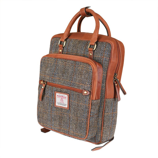 Harris Tweed & Leather Large Backpack - BLUE & BROWN CHECK HB / TAN - Heritage Of Scotland -