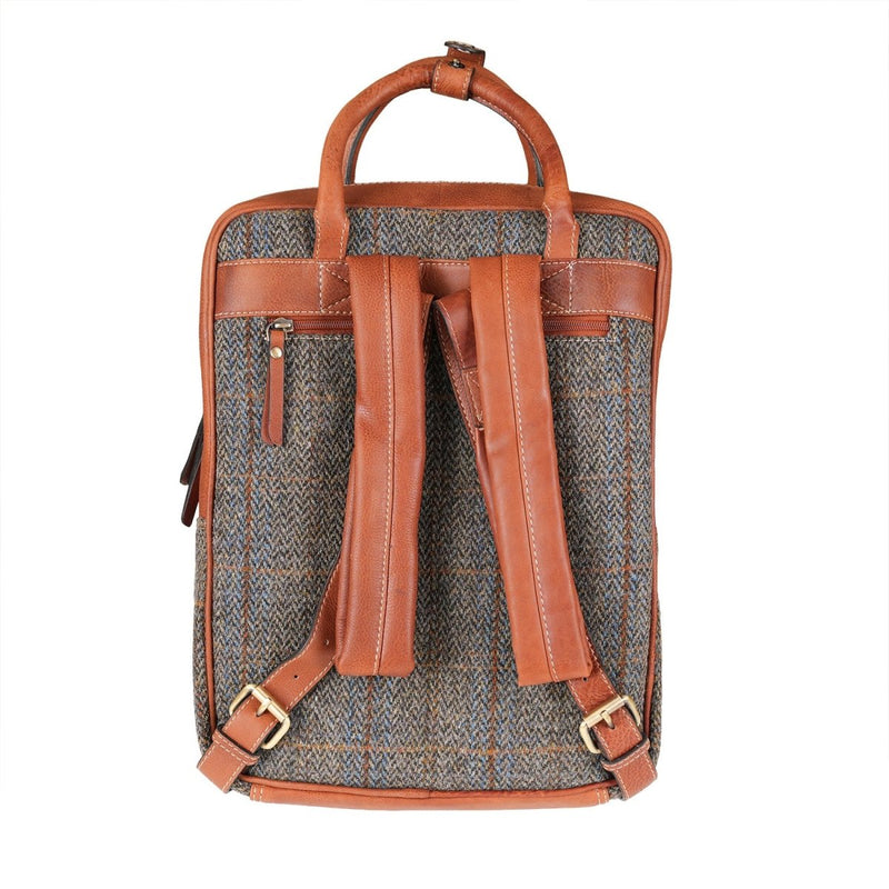 Harris Tweed & Leather Large Backpack - BLUE & BROWN CHECK HB / TAN - Heritage Of Scotland -