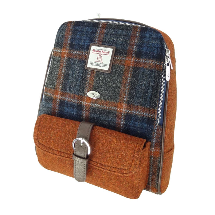 Harris Tweed Naver Backpack – Tartan Travel and Daypack Bag - Heritage Of Scotland - Grey with Rust Overcheck (COL127)