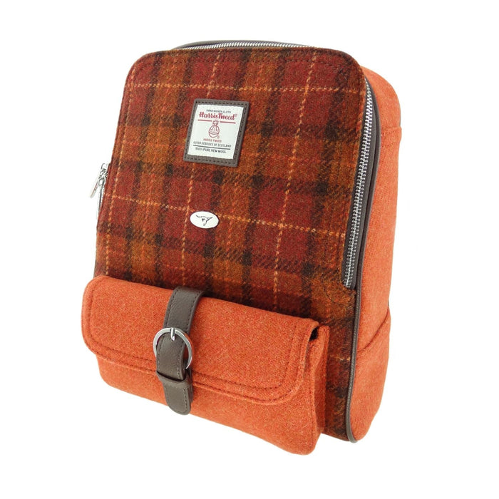Harris Tweed Naver Backpack – Tartan Travel and Daypack Bag - Heritage Of Scotland - Rust with Orange Overcheck (COL117)