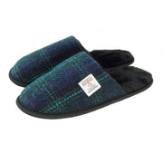 Harris Tweed Slippers with Faux Fur Lining | Warm & Comfortable - Heritage Of Scotland - Blues with Turquoise Overcheck