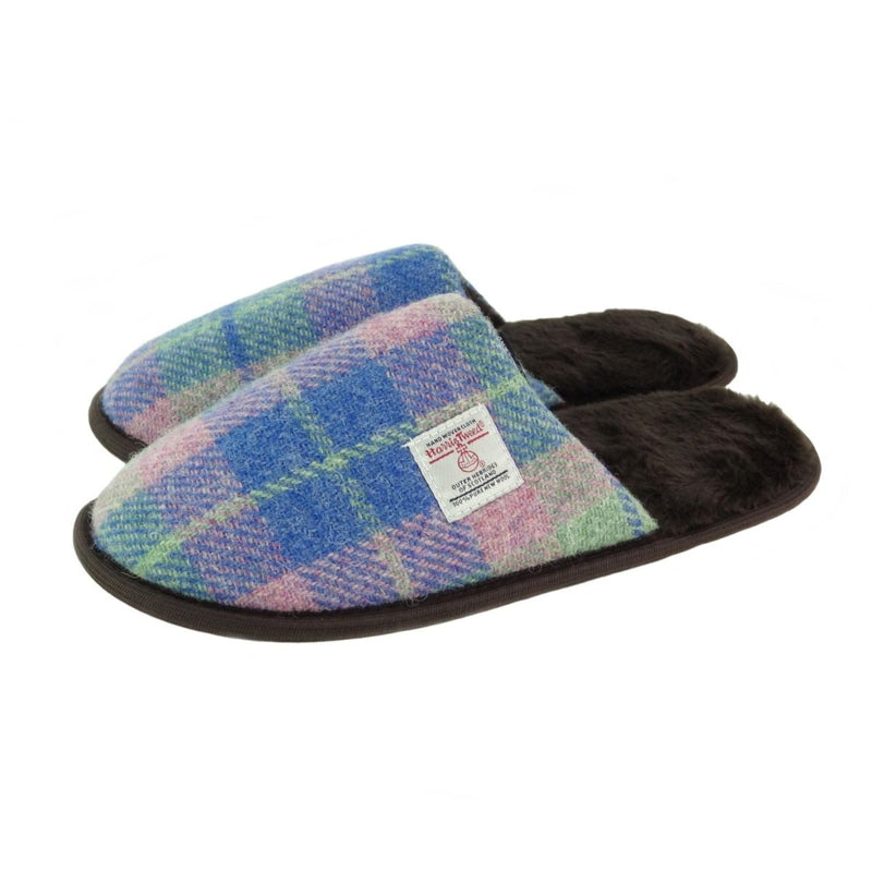 Harris Tweed Slippers with Faux Fur Lining | Warm & Comfortable - Heritage Of Scotland - Faded Pink and Blue Tartan