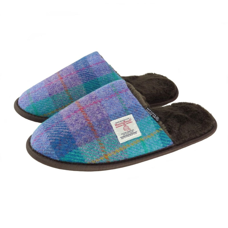 Harris Tweed Slippers with Faux Fur Lining | Warm & Comfortable - Heritage Of Scotland - Green & Purple Tartan