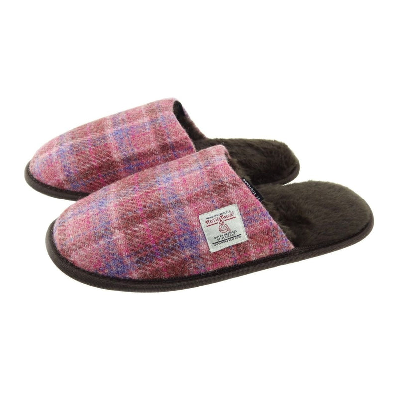 Harris Tweed Slippers with Faux Fur Lining | Warm & Comfortable - Heritage Of Scotland - Pink Check