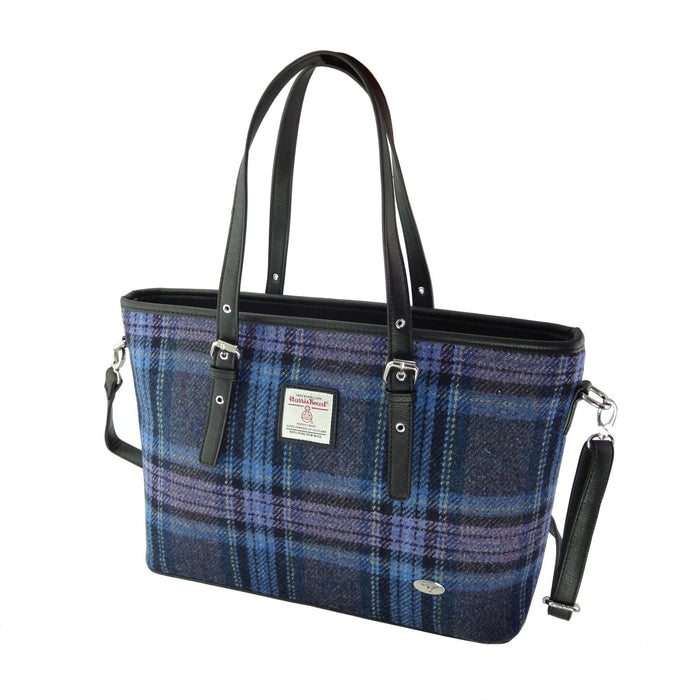 Harris Tweed Spey Tote Bag - Large Adjustable Shoulder Tote - Heritage Of Scotland - Blue & Purple Stewart Tartan (COL143)