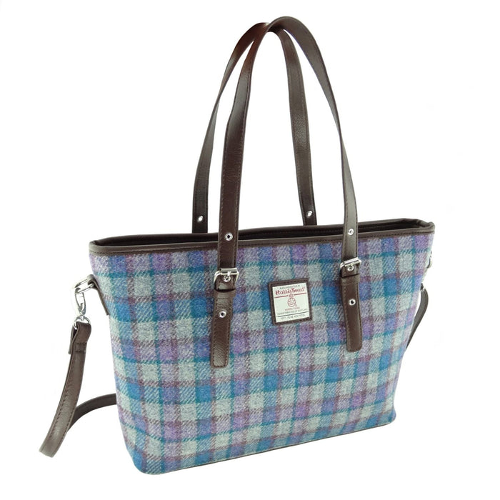 Harris Tweed Spey Tote Bag - Large Adjustable Shoulder Tote - Heritage Of Scotland - Blue/Purple Check on Grey (COL098)