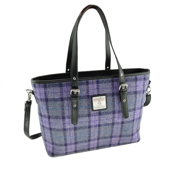 Harris Tweed Spey Tote Bag - Large Adjustable Shoulder Tote - Heritage Of Scotland - Bold Purple Check (COL089)