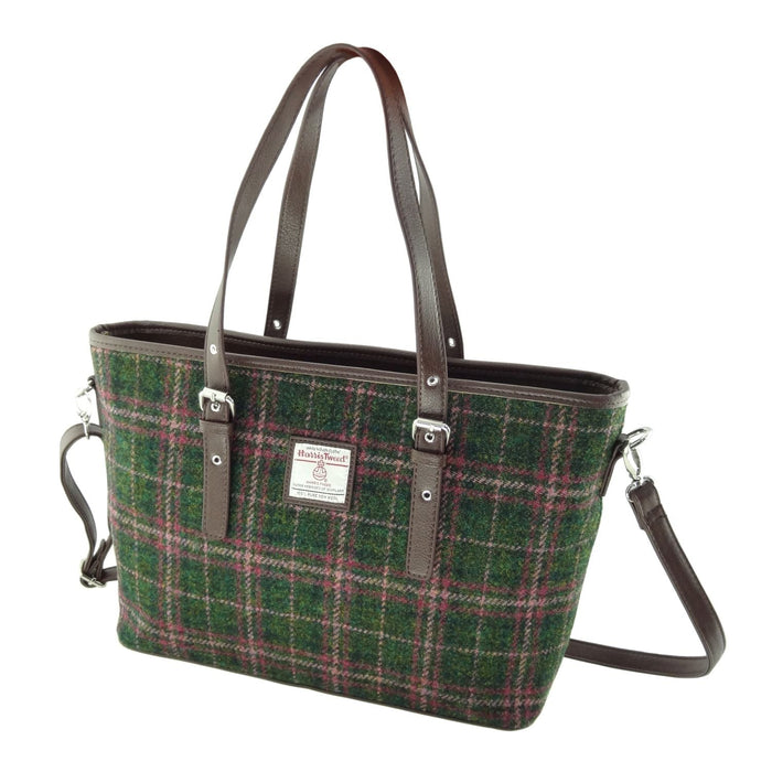 Harris Tweed Spey Tote Bag - Large Adjustable Shoulder Tote - Heritage Of Scotland - Dark Green and Plum Check (COL107)