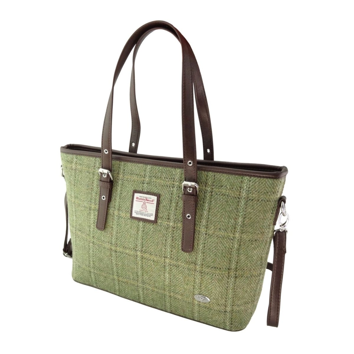 Harris Tweed Spey Tote Bag - Large Adjustable Shoulder Tote - Green Herringbone with Overcheck (COL153) - Heritage Of Scotland -