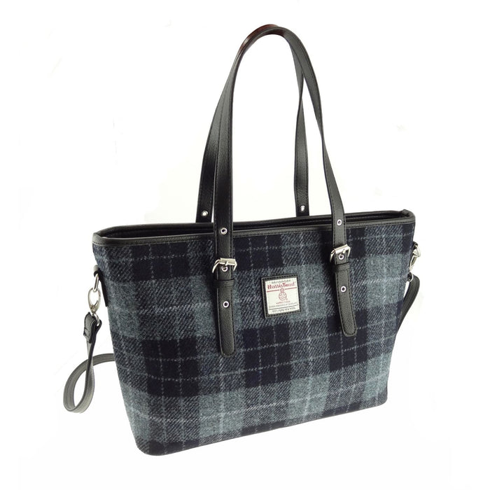 Harris Tweed Spey Tote Bag - Large Adjustable Shoulder Tote - Heritage Of Scotland - Grey/Black Tartan (COL095)