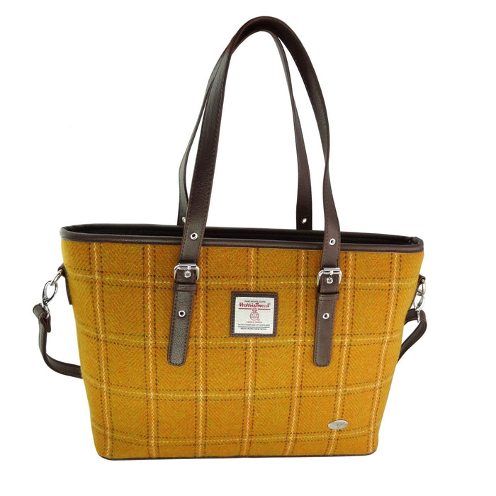Harris Tweed Spey Tote Bag - Large Adjustable Shoulder Tote - Heritage Of Scotland - Mustard with Overcheck (COL130)