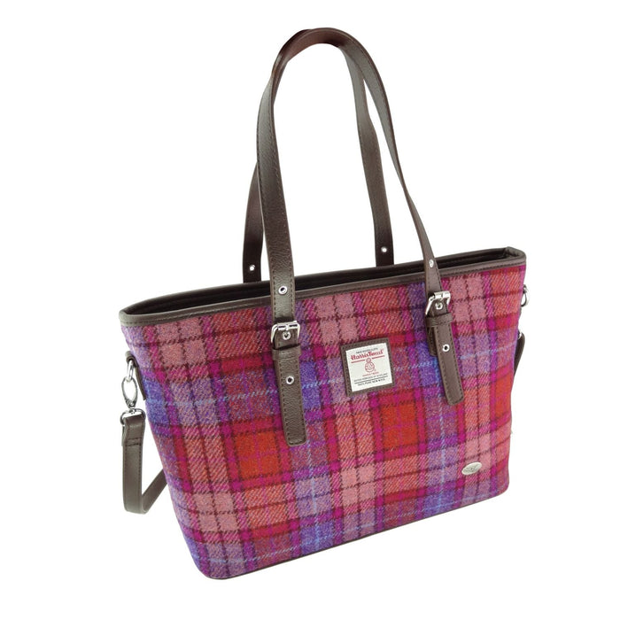 Harris Tweed Spey Tote Bag - Large Adjustable Shoulder Tote - Heritage Of Scotland - Orange/Purple Tartan (COL142)