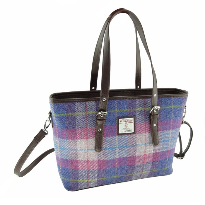 Harris Tweed Spey Tote Bag - Large Adjustable Shoulder Tote - Heritage Of Scotland - Pink / Purple Tartan (COL047)