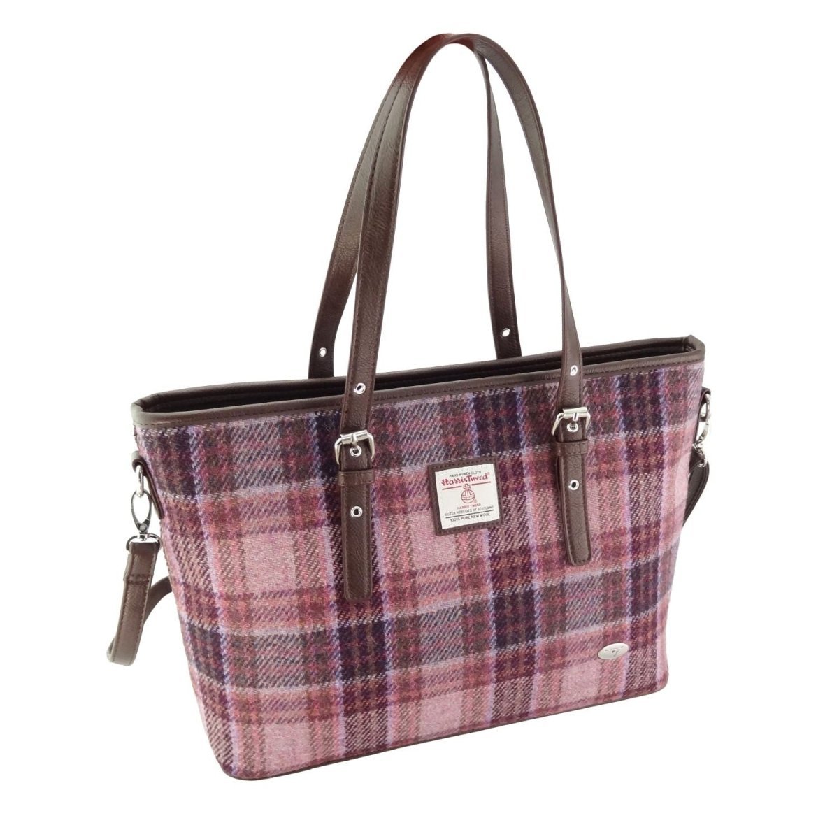 Harris Tweed Spey Tote Bag - Large Adjustable Shoulder Tote - Pink/Burgundy Check (COL154) - Heritage Of Scotland -