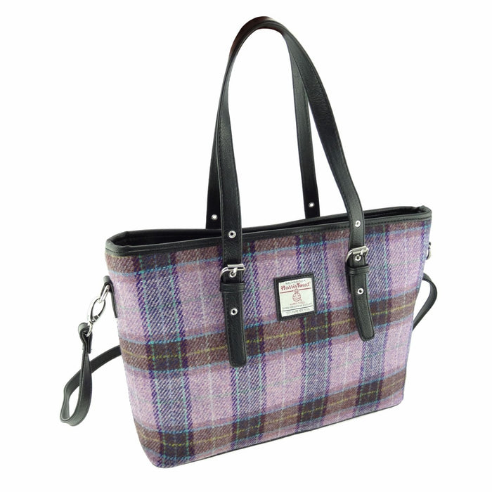 Harris Tweed Spey Tote Bag - Large Adjustable Shoulder Tote - Heritage Of Scotland - Pink/Lilac Check (COL034)