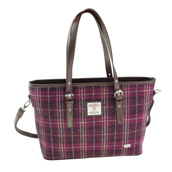 Harris Tweed Spey Tote Bag - Large Adjustable Shoulder Tote - Heritage Of Scotland - Purple Check (COL131)