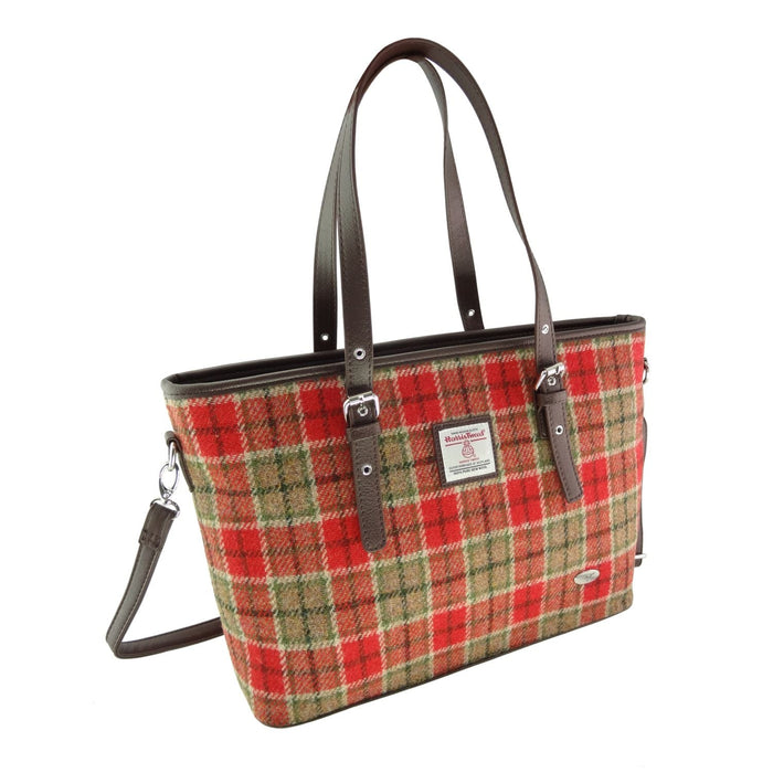 Harris Tweed Spey Tote Bag - Large Adjustable Shoulder Tote - Heritage Of Scotland - Red & Green Tartan (COL141)