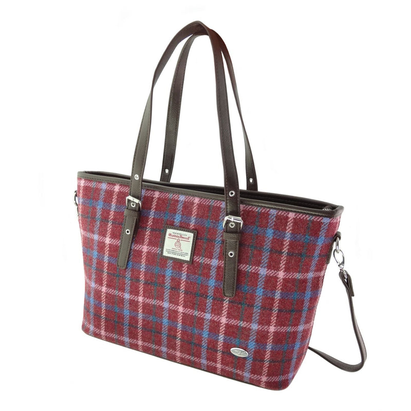 Harris Tweed Spey Tote Bag - Large Adjustable Shoulder Tote - Heritage Of Scotland - Rust Red with Green, White & Blue Overcheck (COL151)