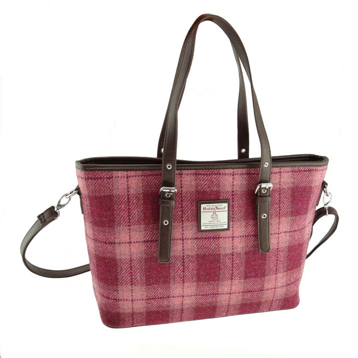 Harris Tweed Spey Tote Bag - Large Adjustable Shoulder Tote - Heritage Of Scotland - Salmon Pink Check (COL099)