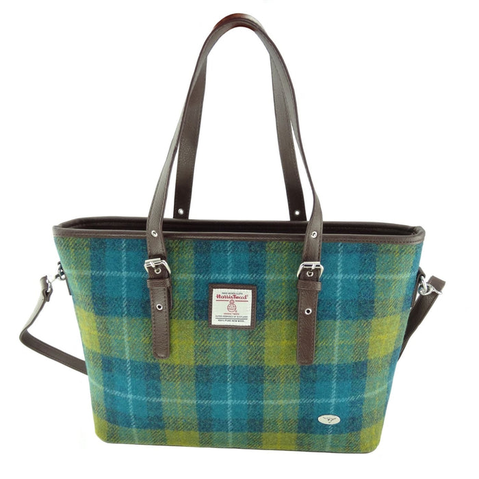 Harris Tweed Spey Tote Bag - Large Adjustable Shoulder Tote - Heritage Of Scotland - Sea Blue / Green Tartan (COL114)