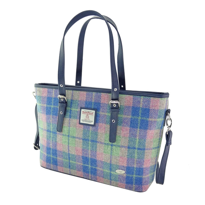 Harris Tweed Spey Tote Bag - Large Adjustable Shoulder Tote - Heritage Of Scotland - Soft Blue and Pink Tartan (COL135)