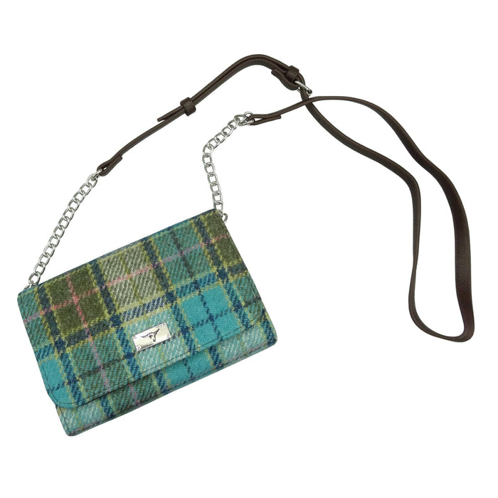 Harris Tweed Strathy Wallet Shoulder Bag - Scottish Compact Handbag - Heritage Of Scotland - Brown With Turquoise Tartan (COL122)