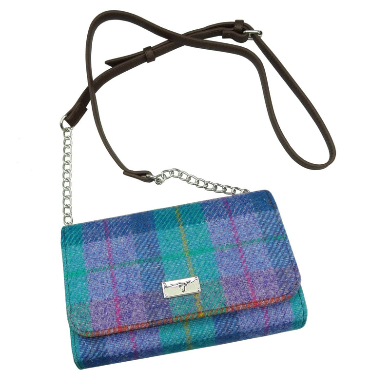 Harris Tweed Strathy Wallet Shoulder Bag - Scottish Compact Handbag - Heritage Of Scotland - Green & Purple Tartan (COL079)
