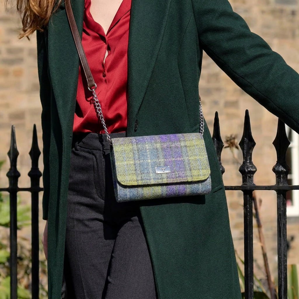 Harris Tweed Strathy Wallet Shoulder Bag - Scottish Compact Handbag - Heather Check (COL125) - Heritage Of Scotland -