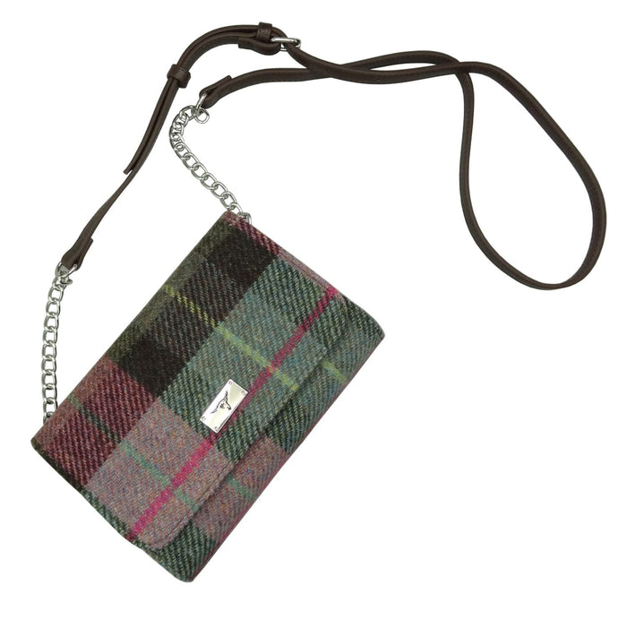 Harris Tweed Strathy Wallet Shoulder Bag - Scottish Compact Handbag - Heritage Of Scotland - Muted Green & Rose Pink Tartan (COL137)