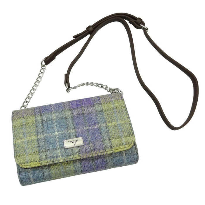 Harris Tweed Strathy Wallet Shoulder Bag - Scottish Compact Handbag - Heritage Of Scotland - Muted Lilac / Lime Green Tartan (COL112)
