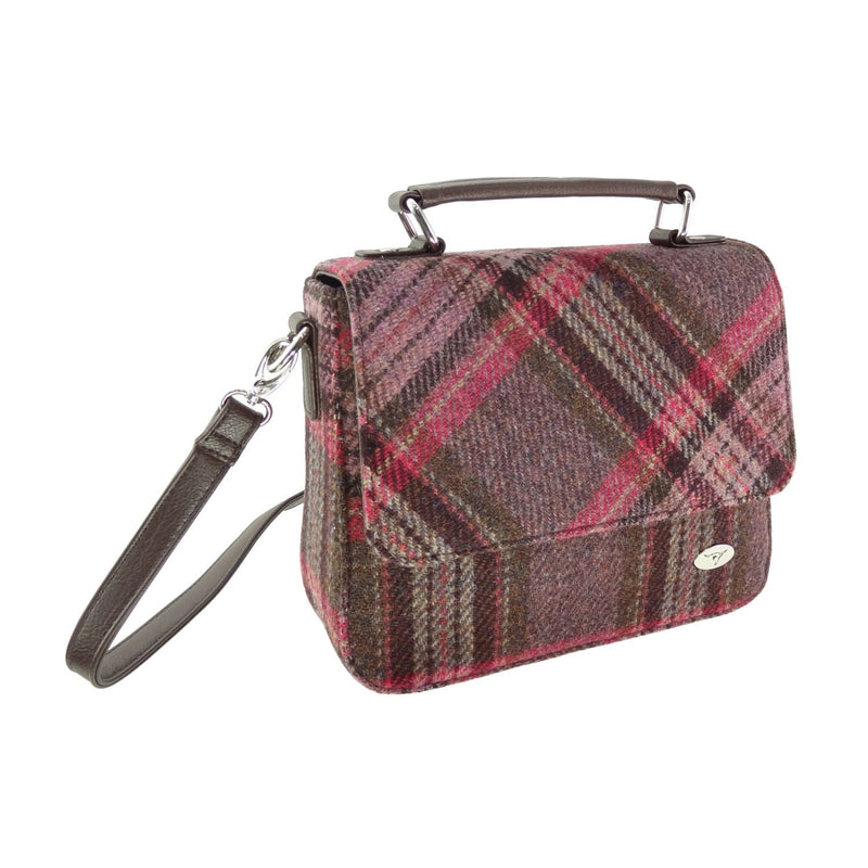 Harris Tweed Thurso Square Shoulder Bag - Stylish Tartan Everyday Bag - Heritage Of Scotland - Burgundy & Pink Stewart Tartan (COL144)