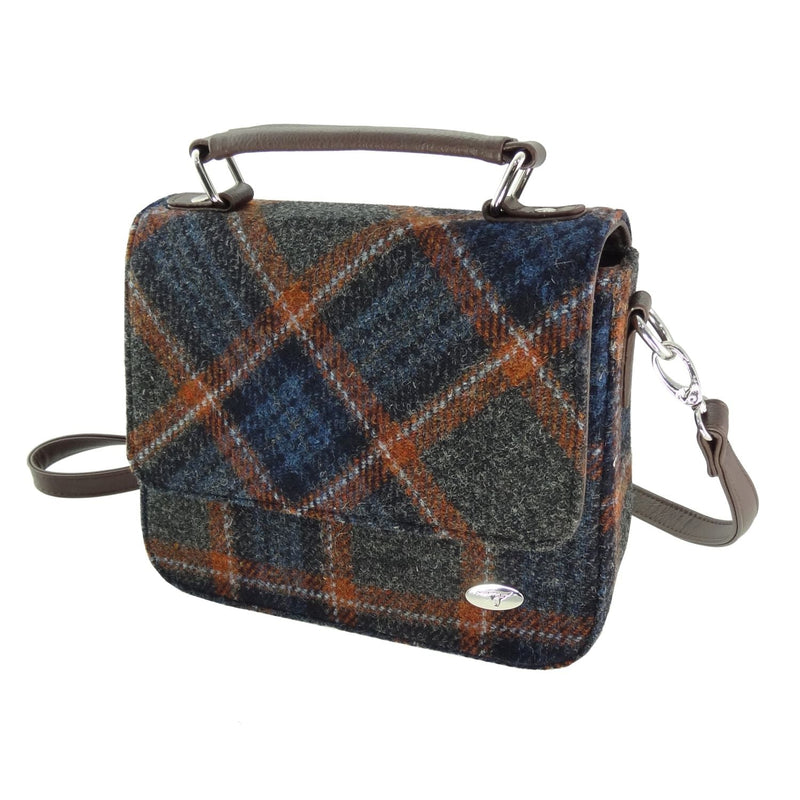 Harris Tweed Thurso Square Shoulder Bag - Stylish Tartan Everyday Bag - Heritage Of Scotland - Grey with Rust Overcheck (COL127)