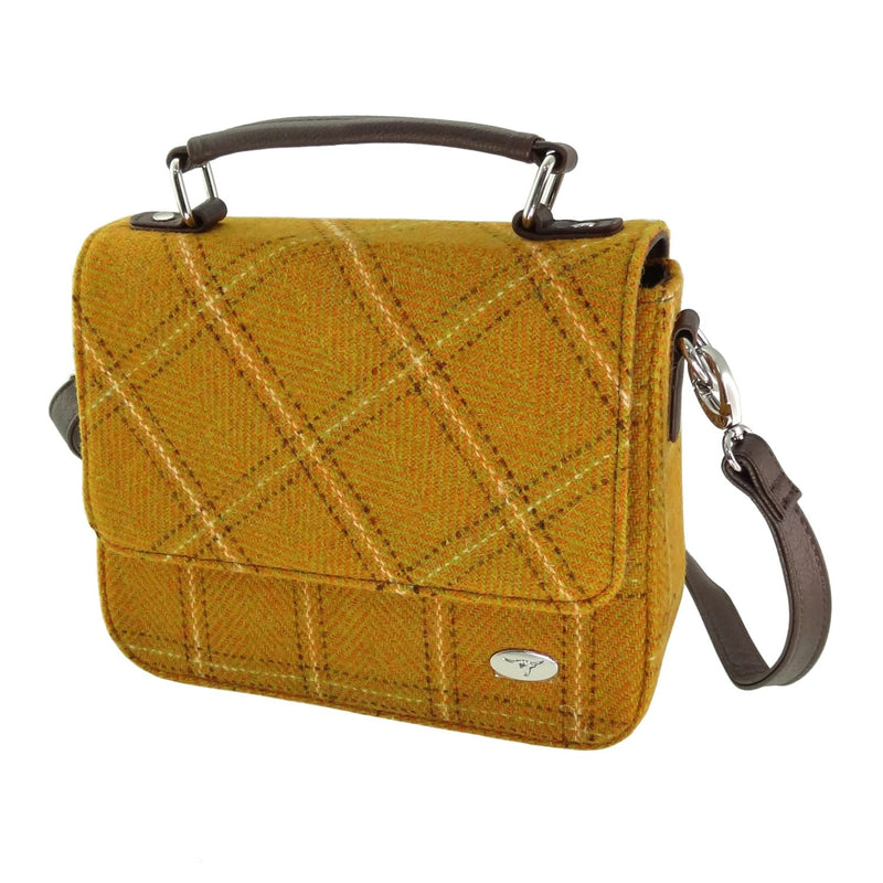 Harris Tweed Thurso Square Shoulder Bag - Stylish Tartan Everyday Bag - Heritage Of Scotland - Mustard with Overcheck (COL130)