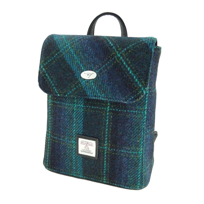 Harris Tweed Tummel Mini Backpack - Small Backpack with Phone Pocket - Heritage Of Scotland - Blue with Turquoise Overcheck (COL119)