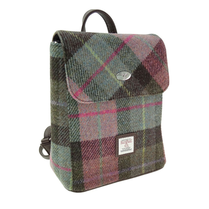 Harris Tweed Tummel Mini Backpack - Small Backpack with Phone Pocket - Heritage Of Scotland - Muted Green & Rose Pink Tartan (COL137)