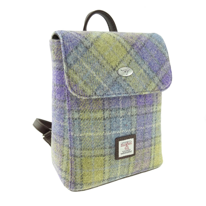Harris Tweed Tummel Mini Backpack - Small Backpack with Phone Pocket - Heritage Of Scotland - Muted Lilac with Lime Green Tartan (COL112)