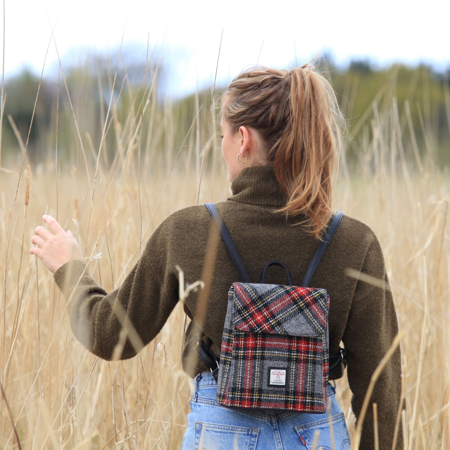 Harris Tweed Tummel Mini Backpack - Small Backpack with Phone Pocket - Heritage Of Scotland - Rust Red with Green, White & Blue Overcheck (COL151)