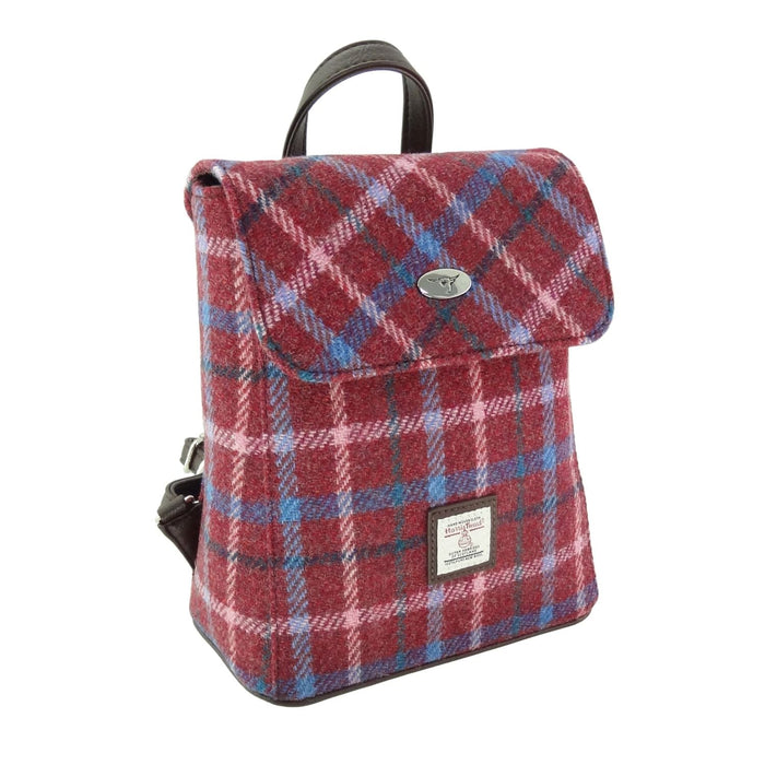 Harris Tweed Tummel Mini Backpack - Small Backpack with Phone Pocket - Heritage Of Scotland - Rust Red with Green, White & Blue Overcheck (COL151)