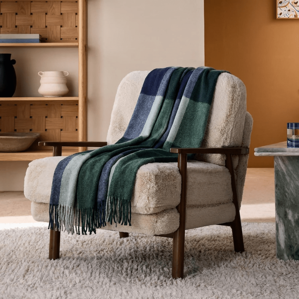Highland Earth Tone Block Check Recycled Wool Blend Blanket - GREEN NAVY - Heritage Of Scotland -