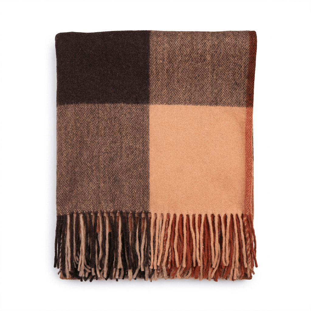 Highland Earth Tone Block Check Recycled Wool Blend Blanket - HOT SAUCE - Heritage Of Scotland -