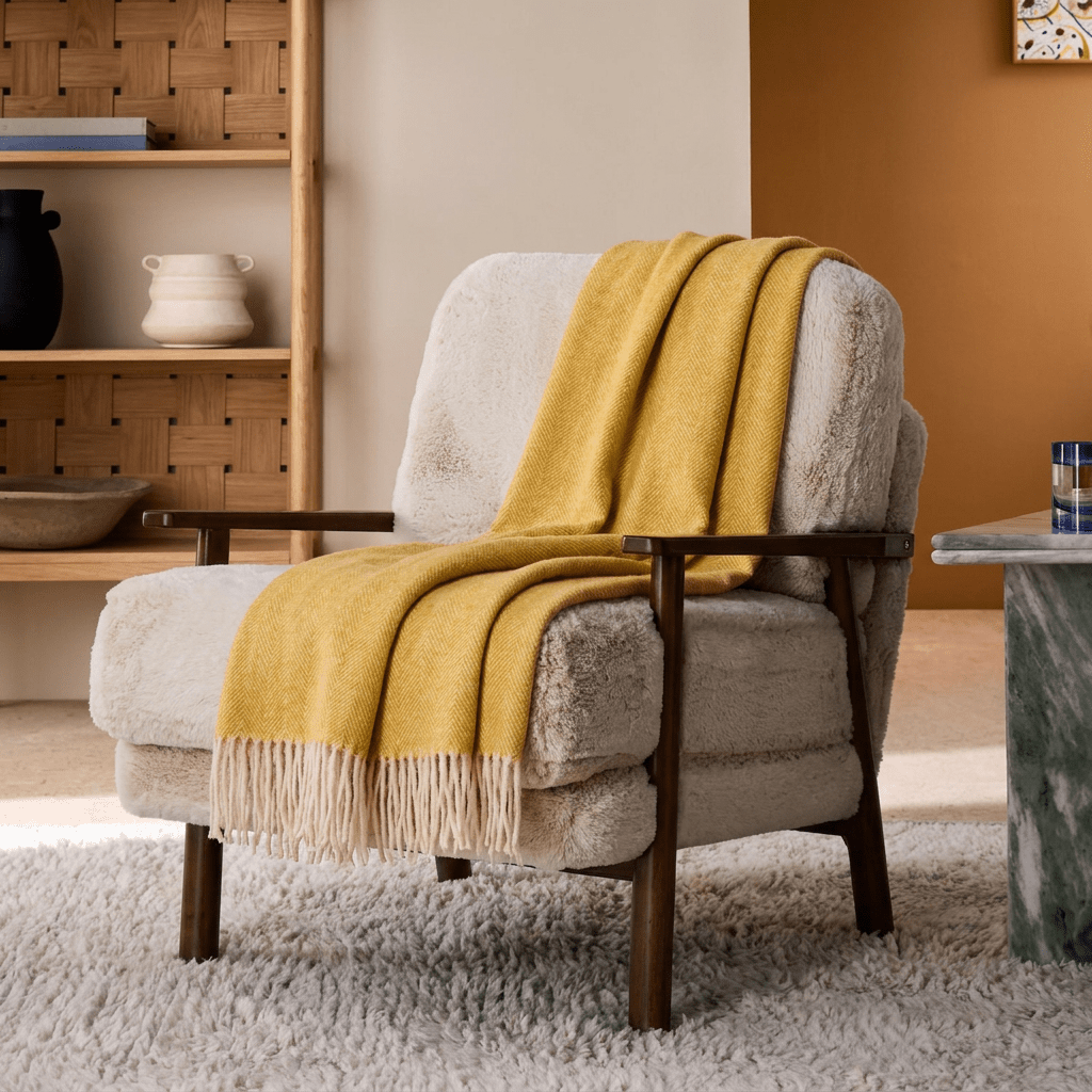 Highland Herringbone Wool Blend Throw Blanket with Tasselled Fringe - MUSTARD - Heritage Of Scotland -