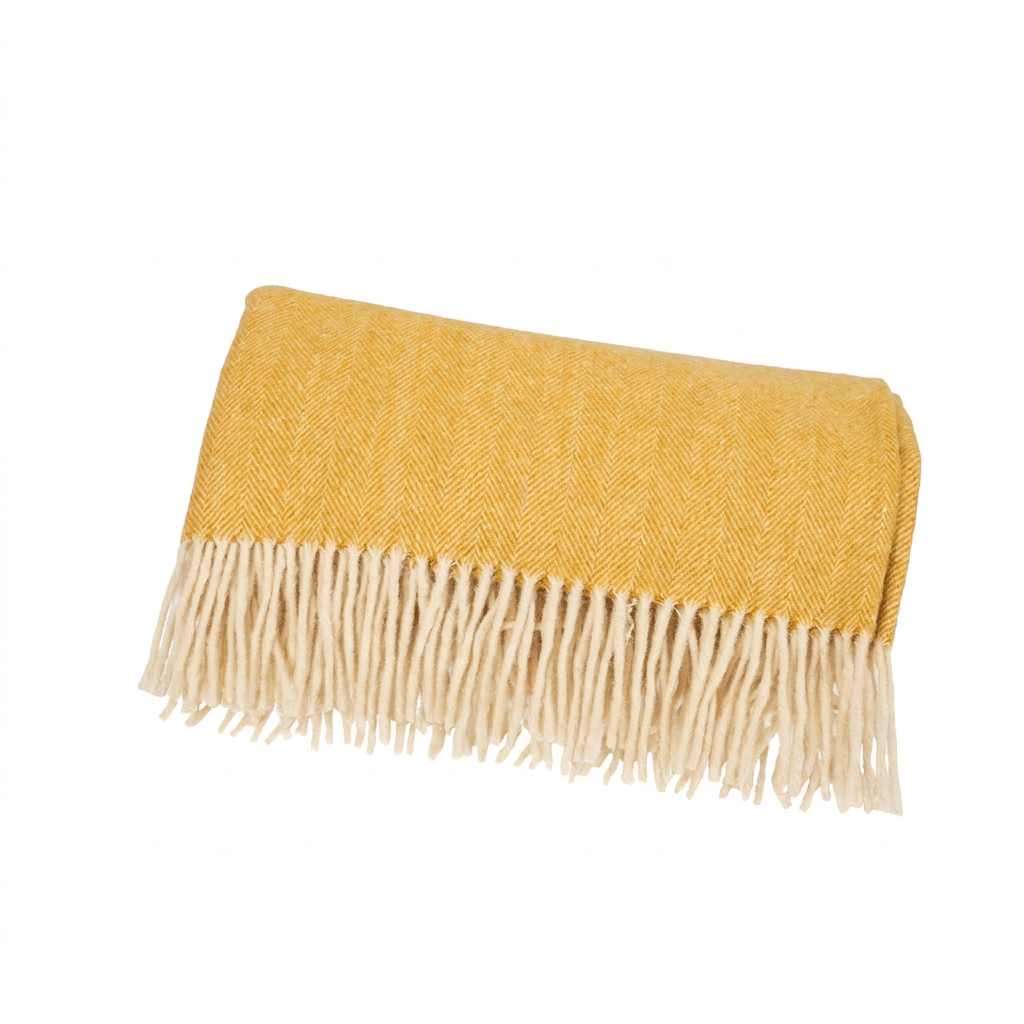Highland Herringbone Wool Blend Throw Blanket with Tasselled Fringe - MUSTARD - Heritage Of Scotland -