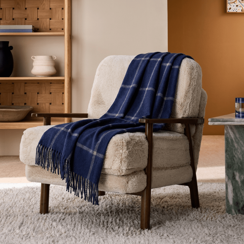 Highland Windowpane Wool Blend Throw Blanket with Tasselled Fringe - BLACK IRIS AND LATTE - Heritage Of Scotland -